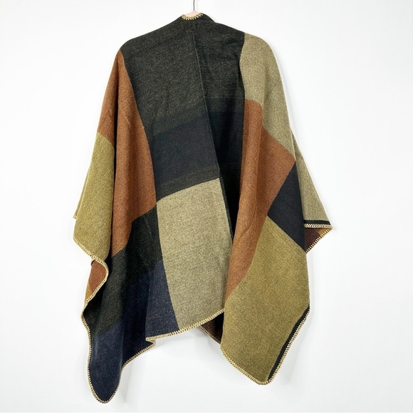 2/$30 NEW Boho Colorblock Earth Tones Ruana Oversized Open Wrap Poncho Blanket - Picture 10 of 11